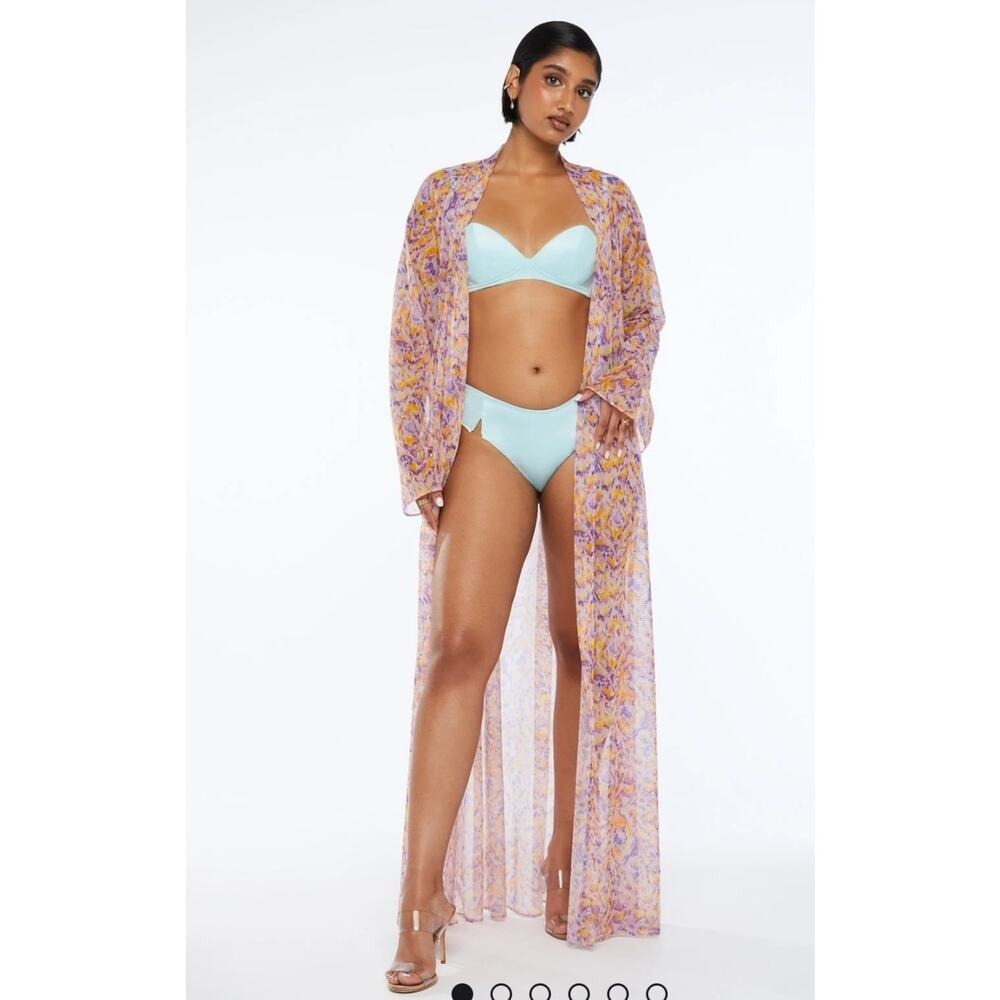 Long Kimono‎ Duster Cover Up Purple Orange Abstract Print Lace Up Back